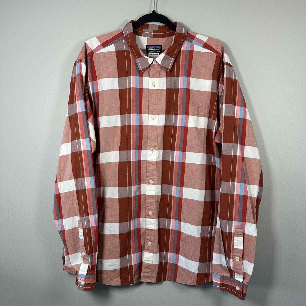 Patagonia XL Button Down Shirt Rust Red Long Sleeve Organic Cotton Plaid